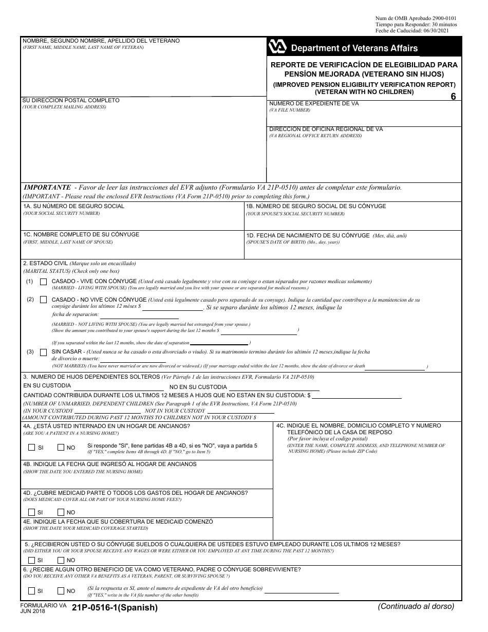 VA Form 21P-0516-1 Reporte Verificacion De Elegibilidad Para Pension Mejorada (Veterano Sin Hijos) (English / Spanish), Page 1