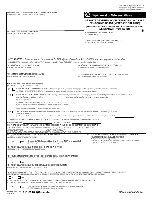 VA Form 21P-0516-1 Reporte Verificacion De Elegibilidad Para Pension Mejorada (Veterano Sin Hijos) (English/Spanish)