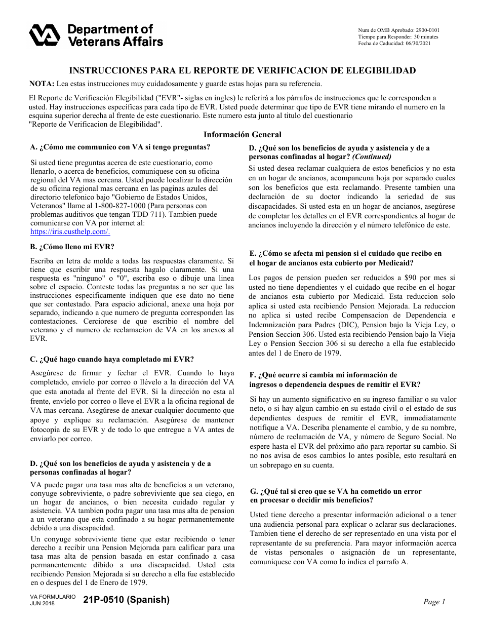 Instrucciones para VA Formulario 21P-0510 Reporte De Verificacion De Elegibilidad (Spanish), Page 1
