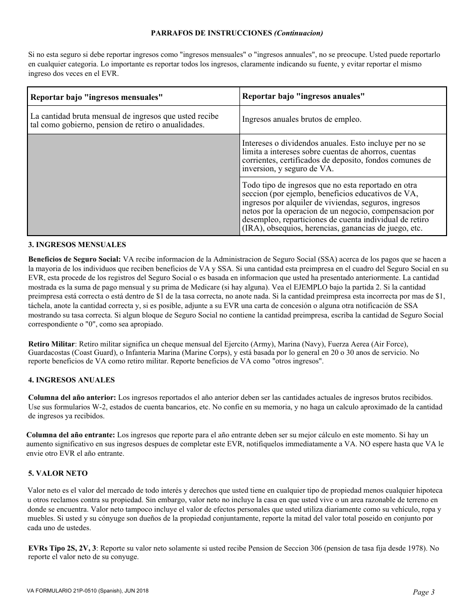 Instrucciones para VA Formulario 21P-0510 Reporte De Verificacion De Elegibilidad (Spanish), Page 3