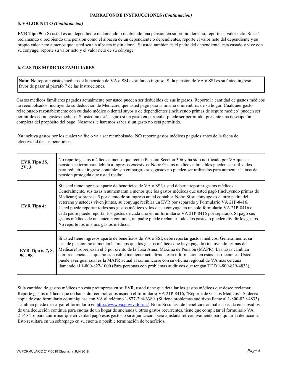 Instrucciones para VA Formulario 21P-0510 Reporte De Verificacion De Elegibilidad (Spanish), Page 4
