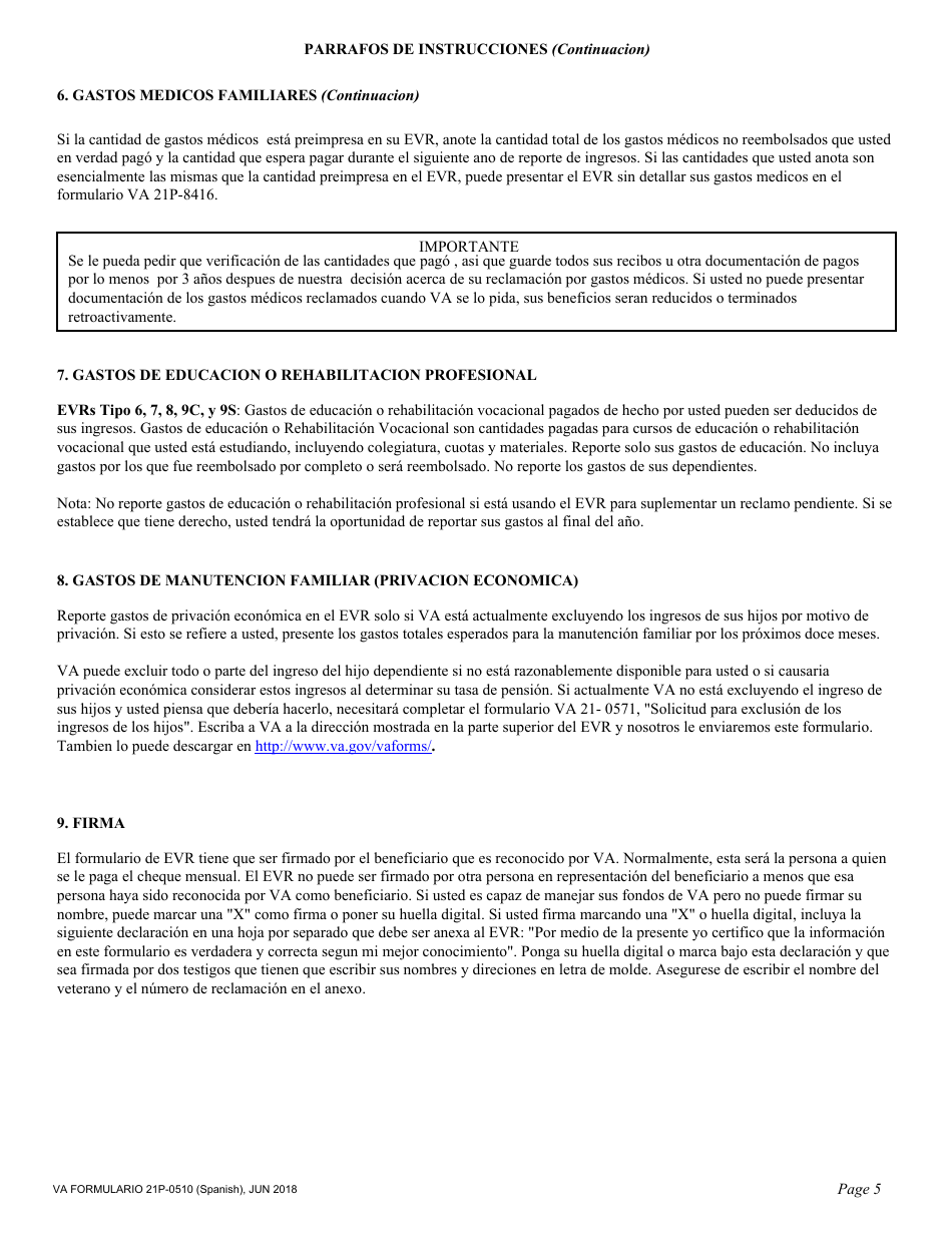 Instrucciones para VA Formulario 21P-0510 Reporte De Verificacion De Elegibilidad (Spanish), Page 5
