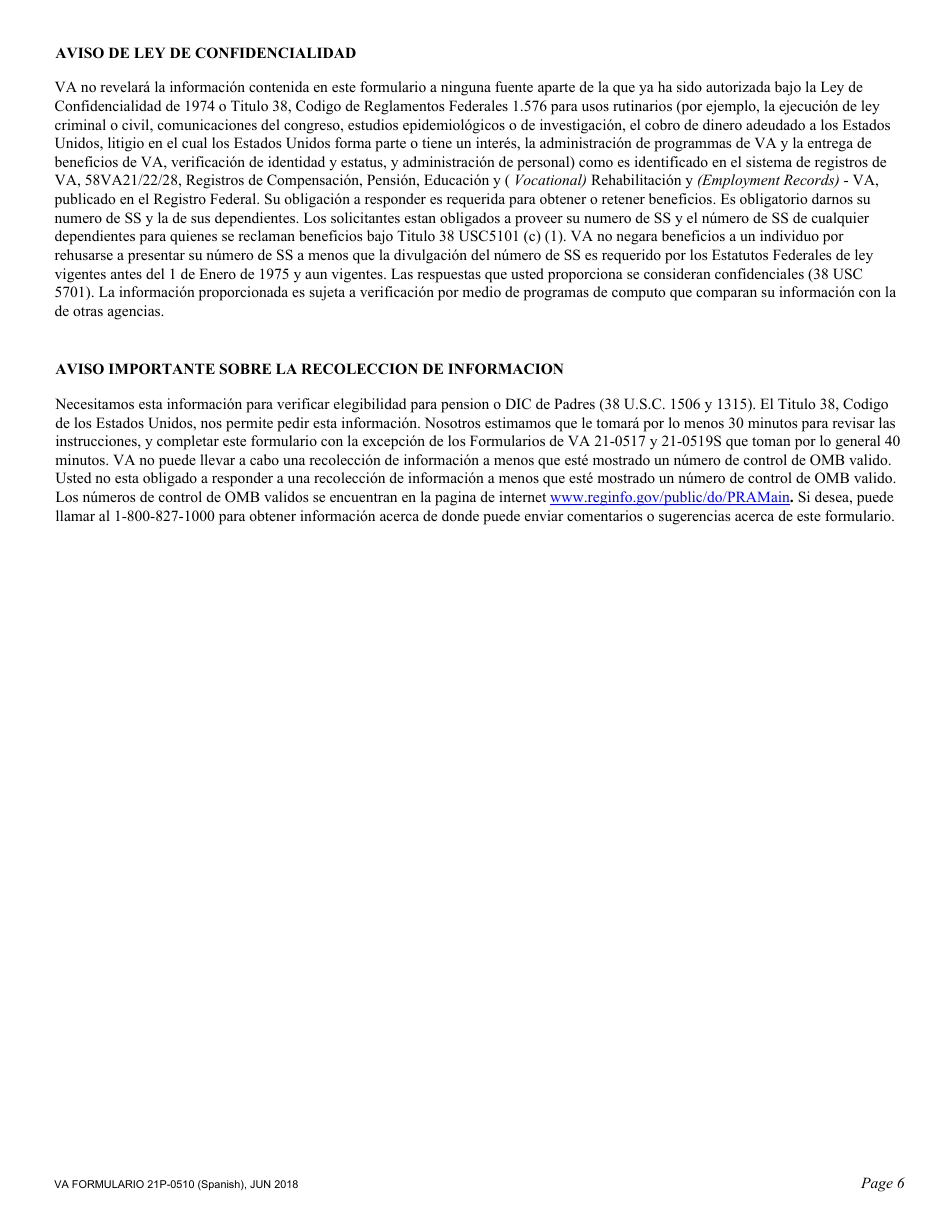 Instrucciones para VA Formulario 21P-0510 Reporte De Verificacion De Elegibilidad (Spanish), Page 6