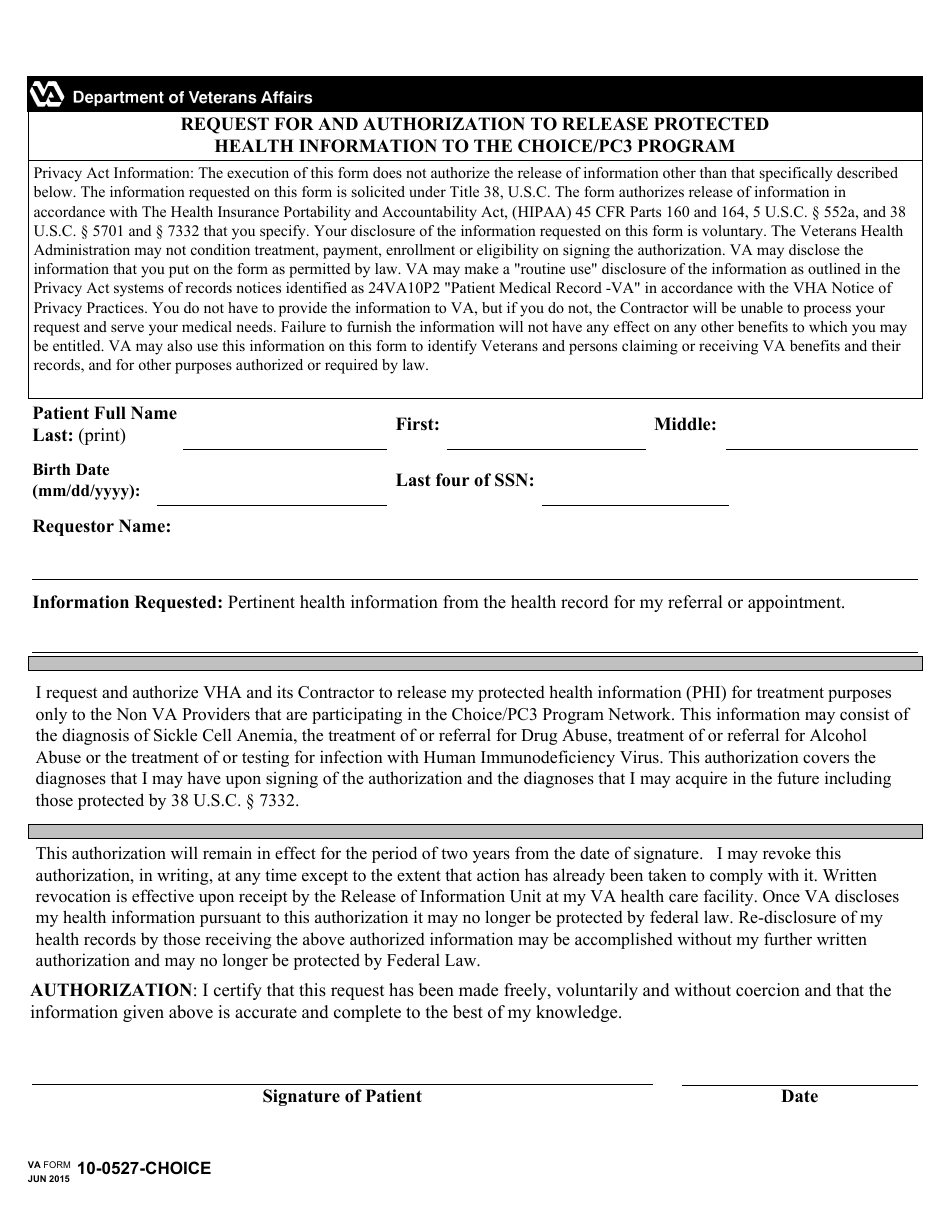 VA Form 10-0527-CHOICE Request and Authorization to Release Protected Health Information to the Choice Program, Page 1