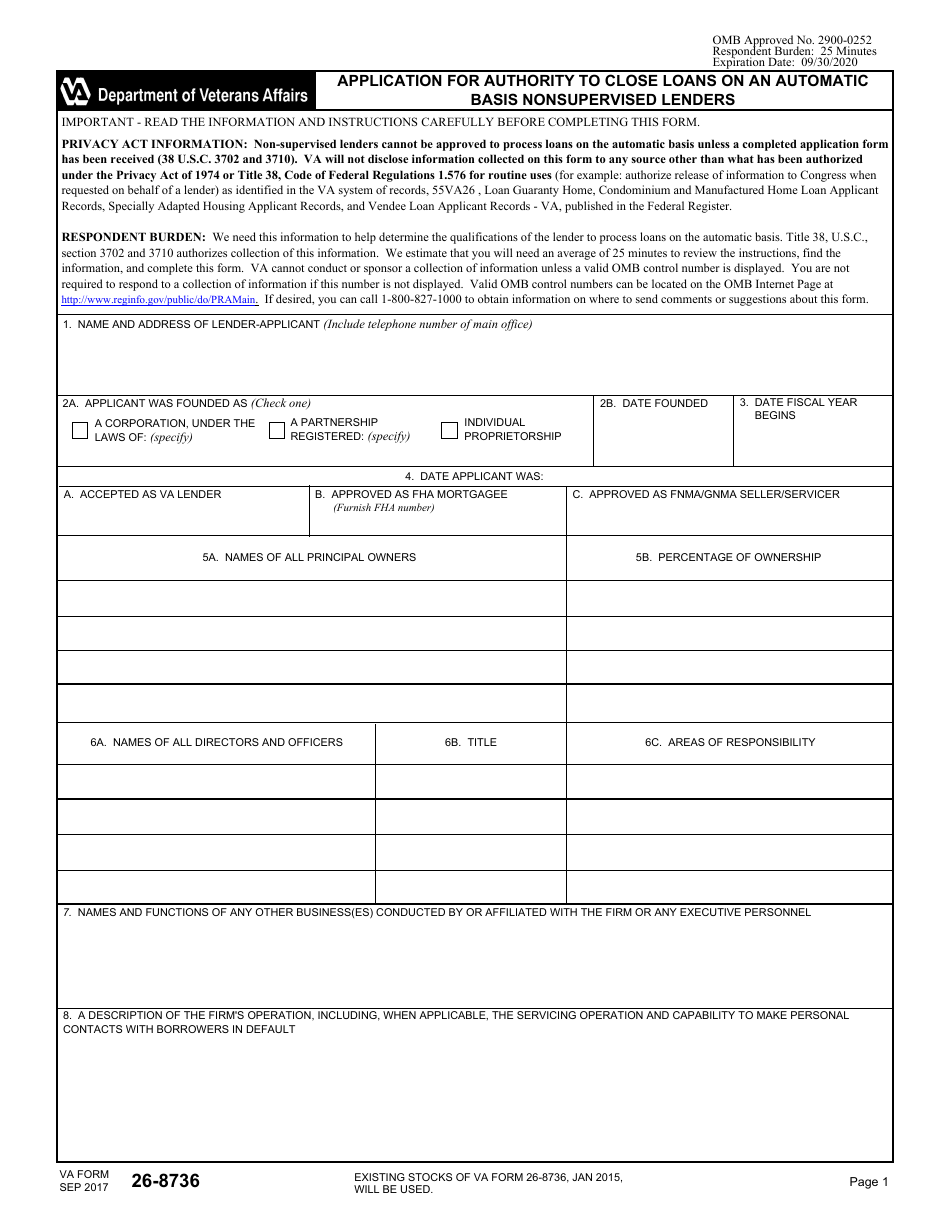 VA Form 26-8736 Application for Authority to Close Loans on an Automatic Basis - Non Supervised Lenders, Page 2