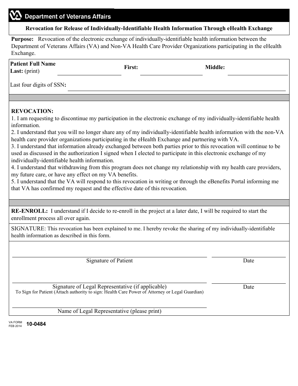 VA Form 10-0484 Revocation for Release of Individually-Identifiable Health Information Through Ehealth Exchange, Page 1