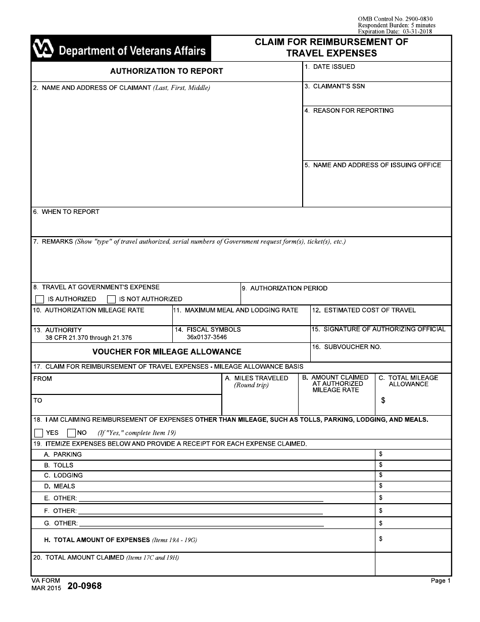 VA Form 20-0968 Claim for Reimbursement of Travel Expenses, Page 1