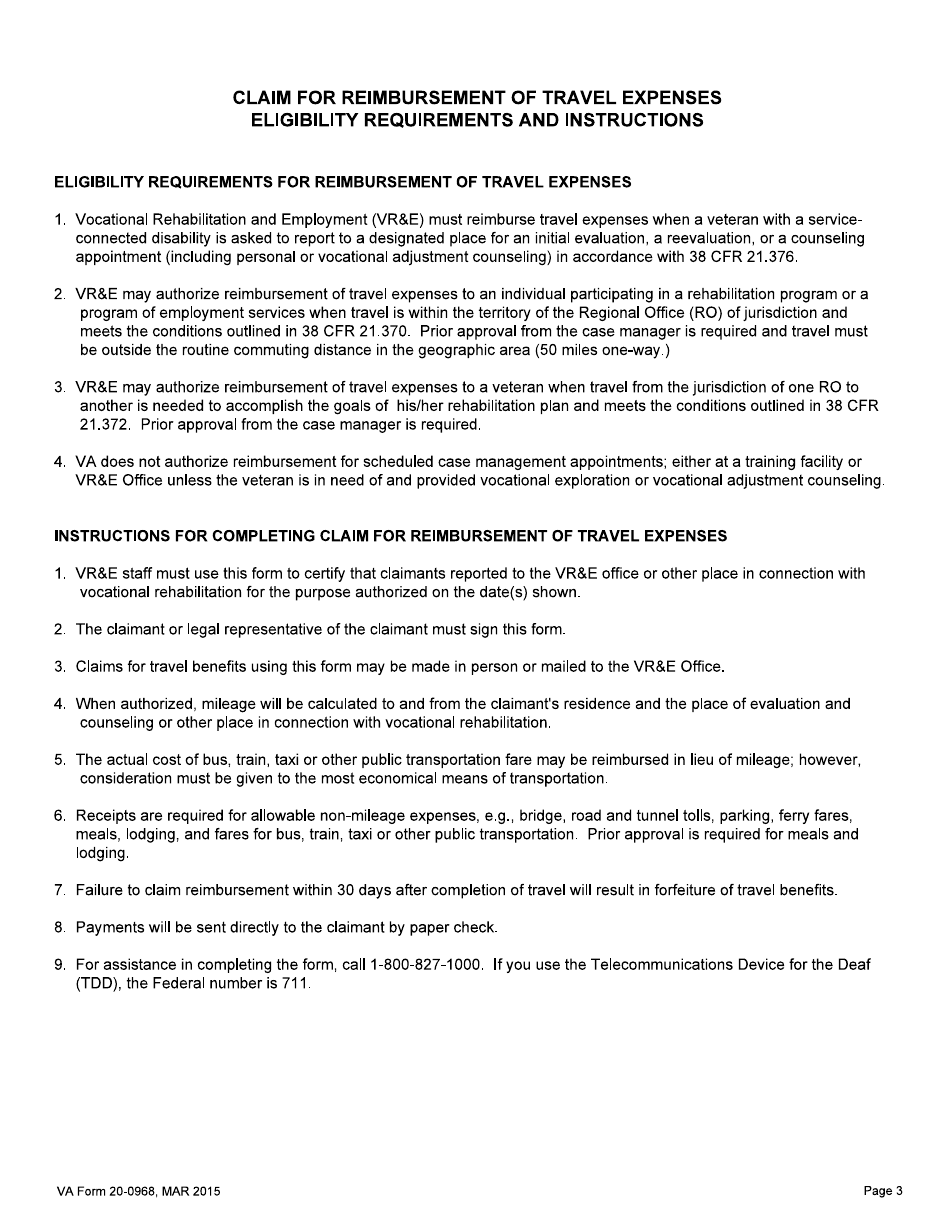 VA Form 20-0968 Claim for Reimbursement of Travel Expenses, Page 3