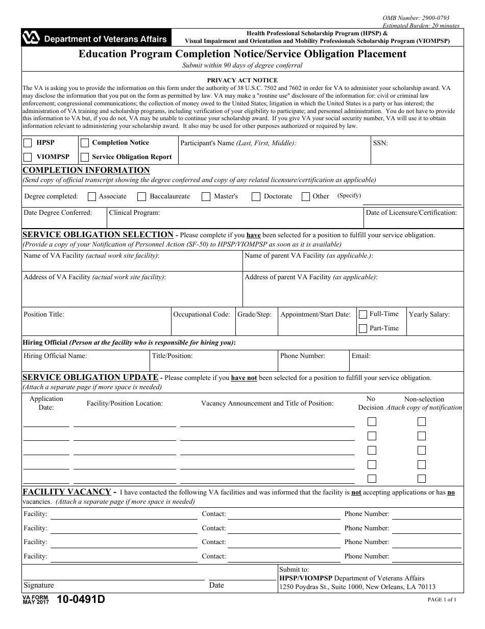 VA Form 10-0491D Education Program Completion Notice / Service Obligation Placement - Hpsp  Viompsp, Page 1
