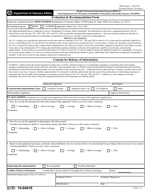 VA Form 10-0491E  Printable Pdf