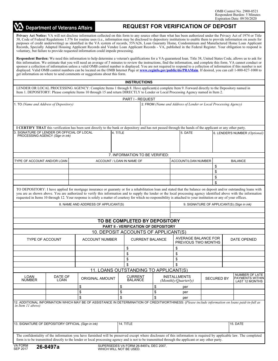 VA Form 26-8497A Request for Verification of Deposit, Page 1