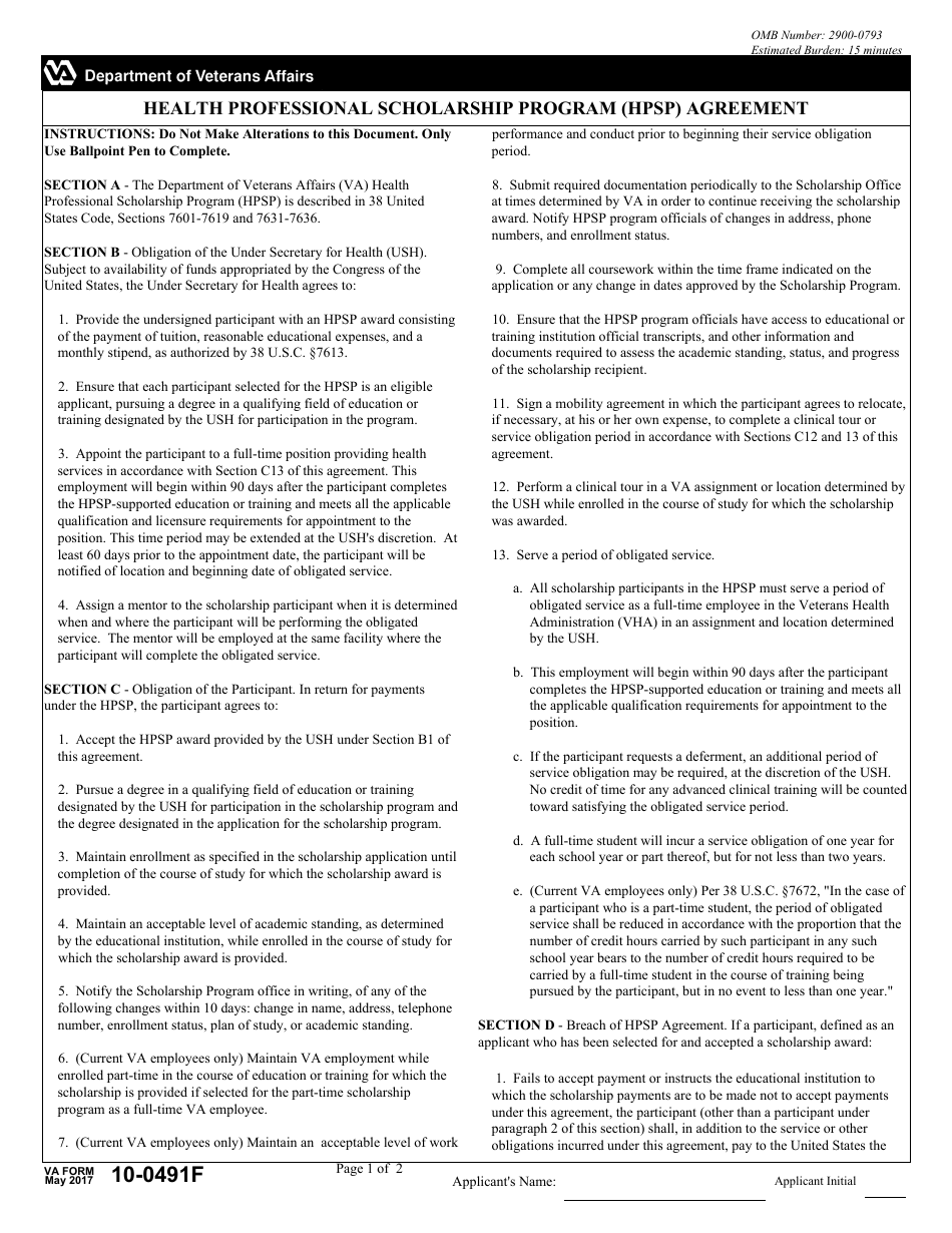 VA Form 10-0491F Health Professional Scholarship Program (Hpsp) Agreement, Page 1