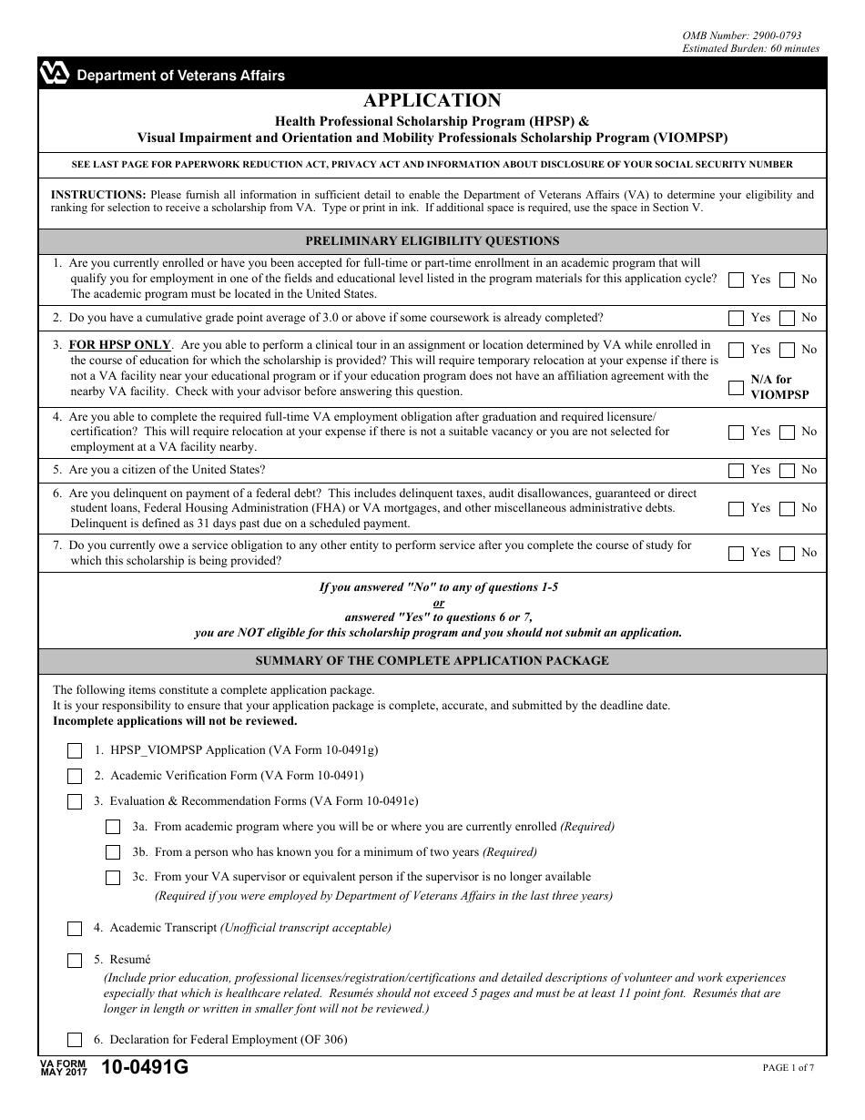 VA Form 10-0491G Application for Health Professional Scholarship Program (Hpsp)  Visual Impairment and Orientation and Mobility Professionals Scholarship Program (Viompsp), Page 1