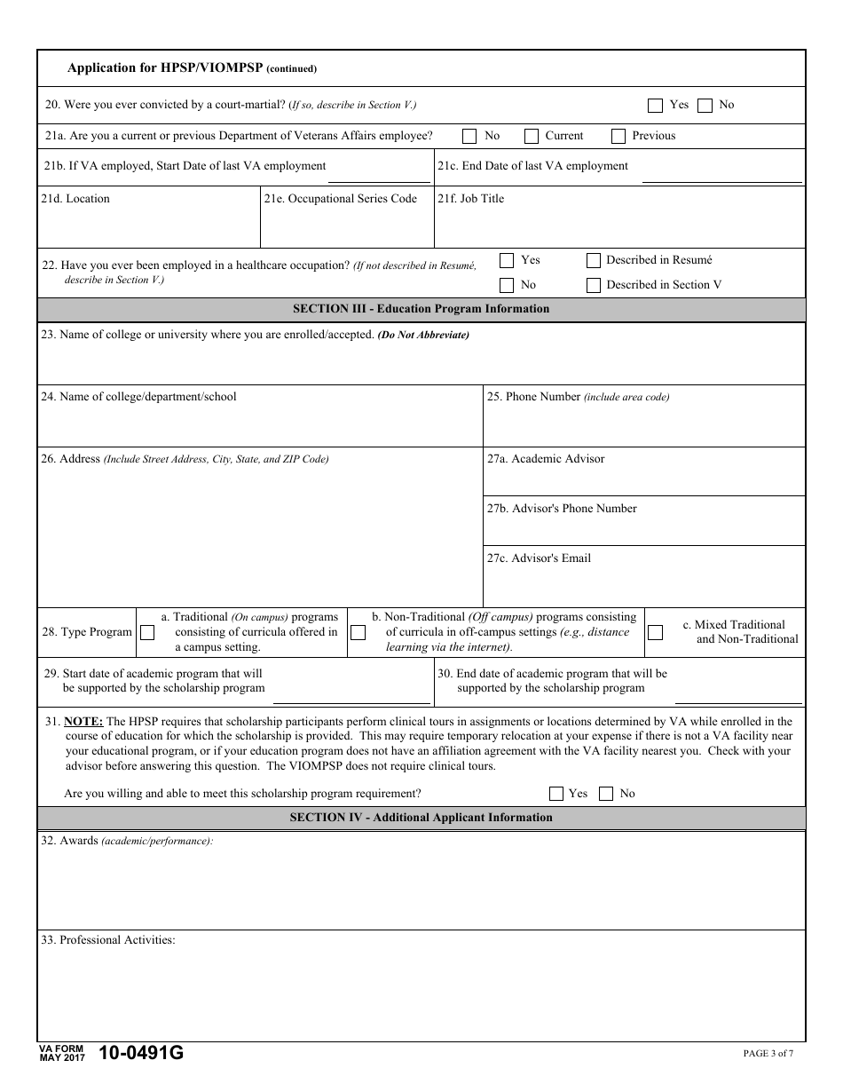 VA Form 10-0491G Application for Health Professional Scholarship Program (Hpsp)  Visual Impairment and Orientation and Mobility Professionals Scholarship Program (Viompsp), Page 3