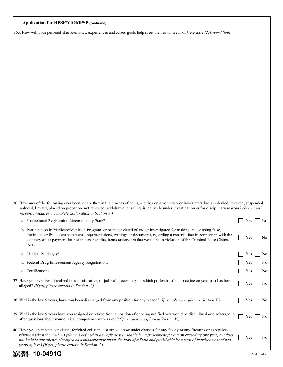 VA Form 10-0491G Application for Health Professional Scholarship Program (Hpsp)  Visual Impairment and Orientation and Mobility Professionals Scholarship Program (Viompsp), Page 5