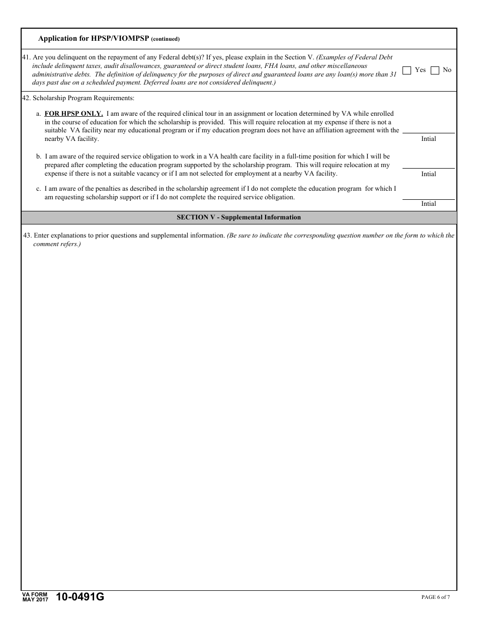 VA Form 10-0491G Application for Health Professional Scholarship Program (Hpsp)  Visual Impairment and Orientation and Mobility Professionals Scholarship Program (Viompsp), Page 6