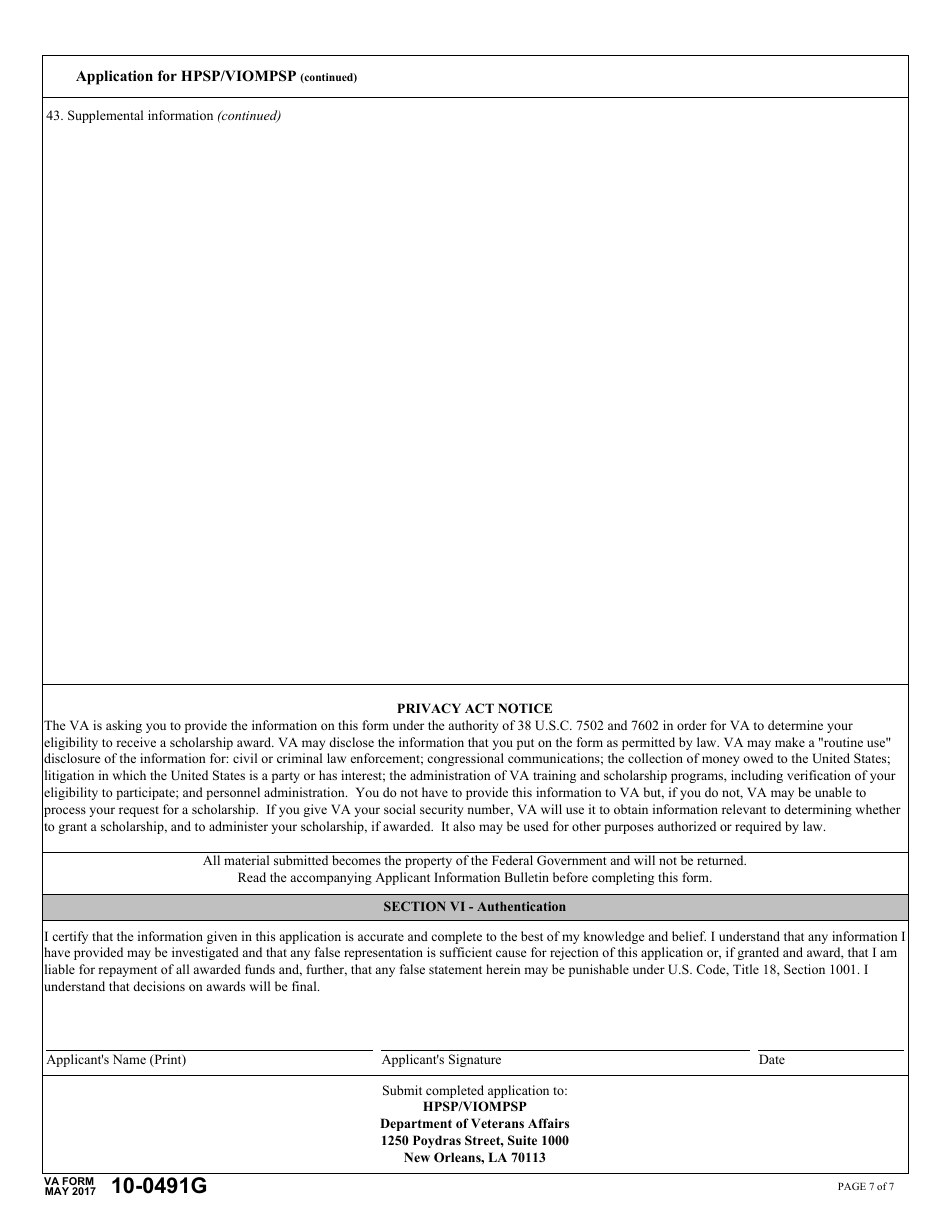 VA Form 10-0491G Application for Health Professional Scholarship Program (Hpsp)  Visual Impairment and Orientation and Mobility Professionals Scholarship Program (Viompsp), Page 7