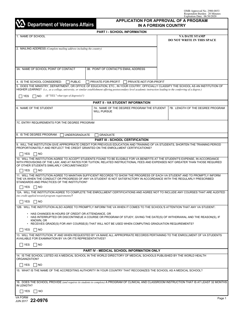 VA Form 22-0976 Application for Approval of a Program in a Foreign Country, Page 1