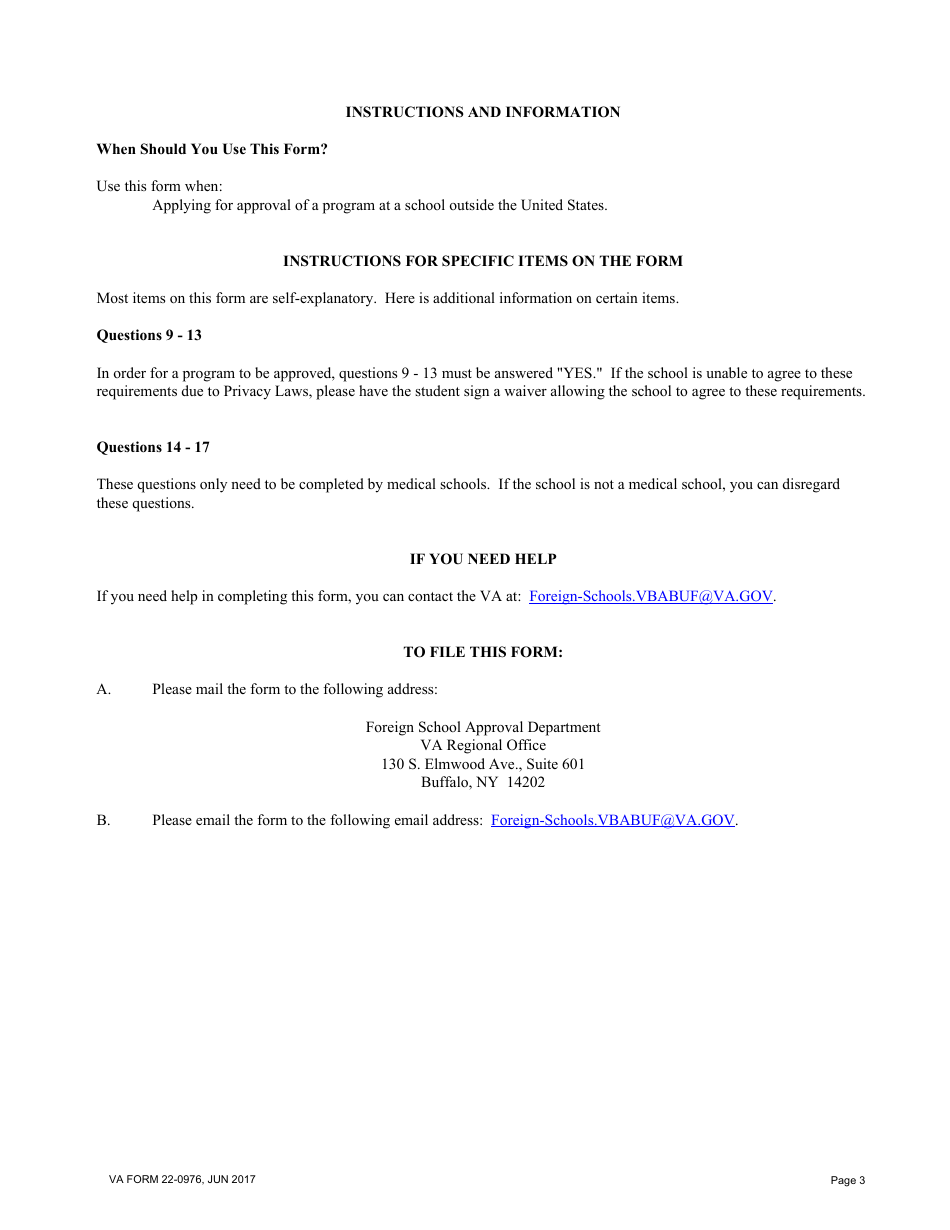 VA Form 22-0976 Application for Approval of a Program in a Foreign Country, Page 3