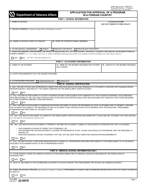 VA Form 22-0976 Application for Approval of a Program in a Foreign Country