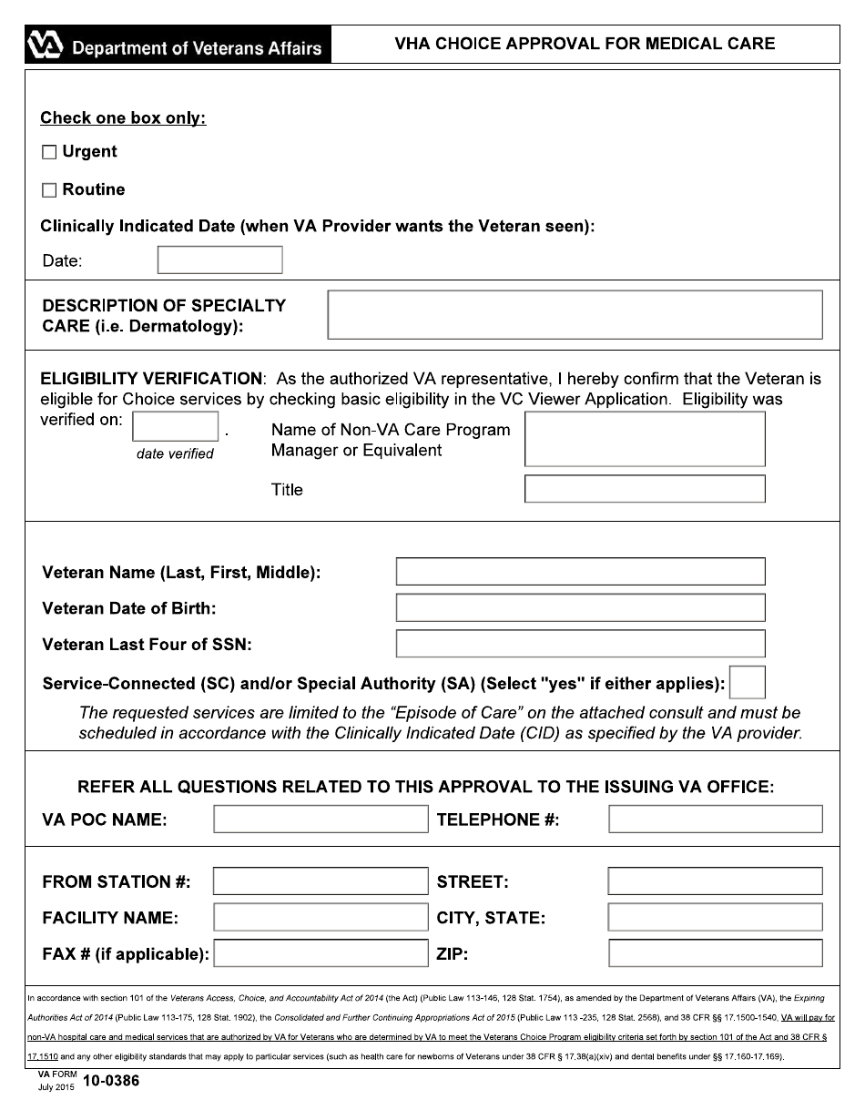 VA Form 10-0386 VHA Choice Approval for Medical Care, Page 1