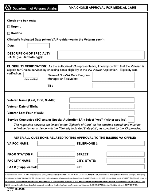 VA Form 10-0386  Printable Pdf