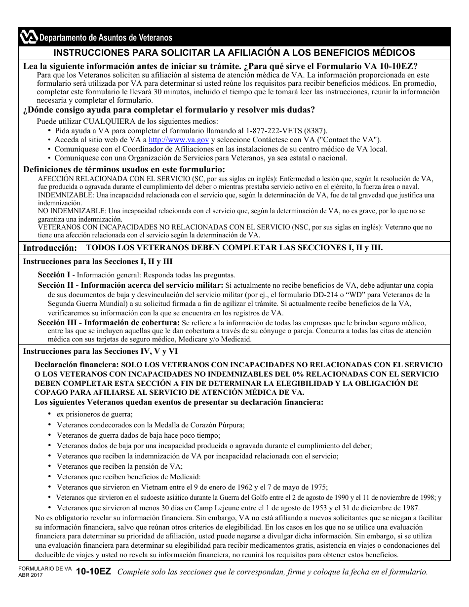 VA Formulario 10-10EZ Solicitud De Beneficios Medicos (Spanish), Page 1