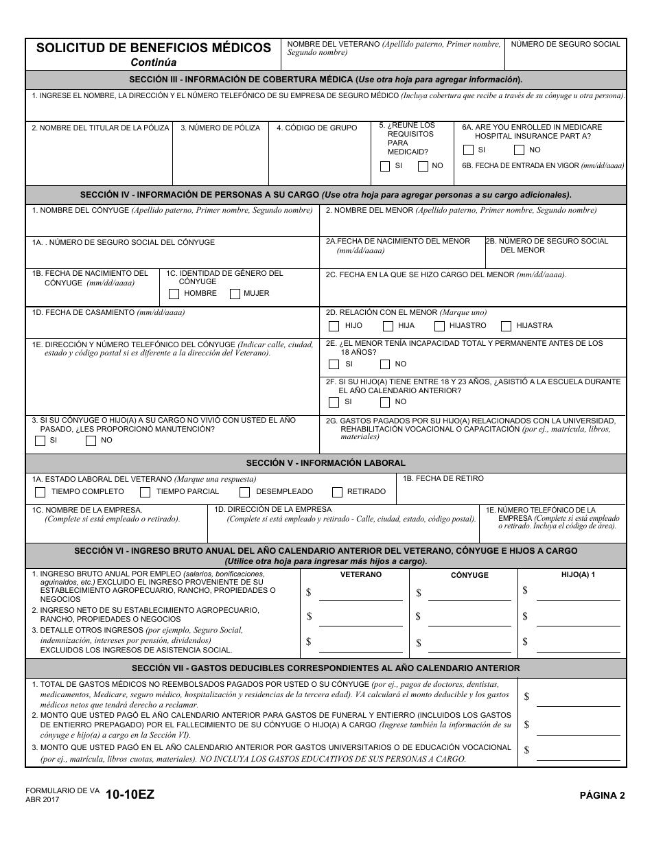 VA Formulario 10-10EZ Solicitud De Beneficios Medicos (Spanish), Page 4