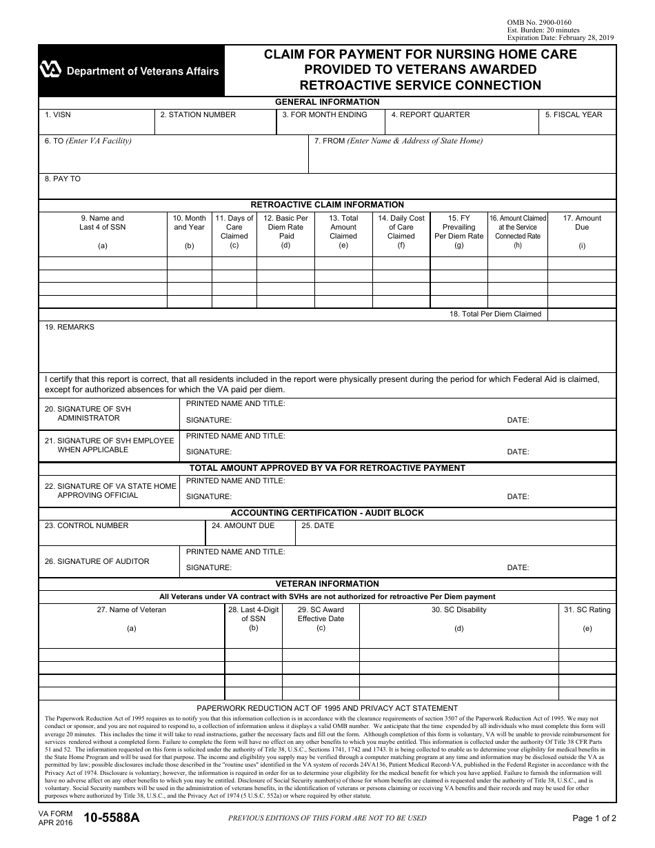 VA Form 10-5588A Claim for Payment for Nursing Home Care Provided to Veterans Awarded Retroactive Service Connection, Page 1