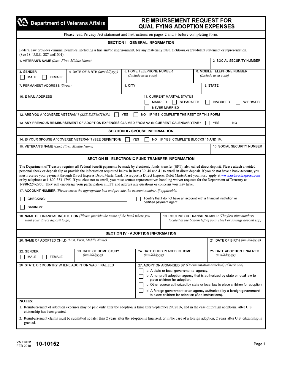 VA Form 10-10152 Reimbursement Request for Qualifying Adoption Expenses, Page 1
