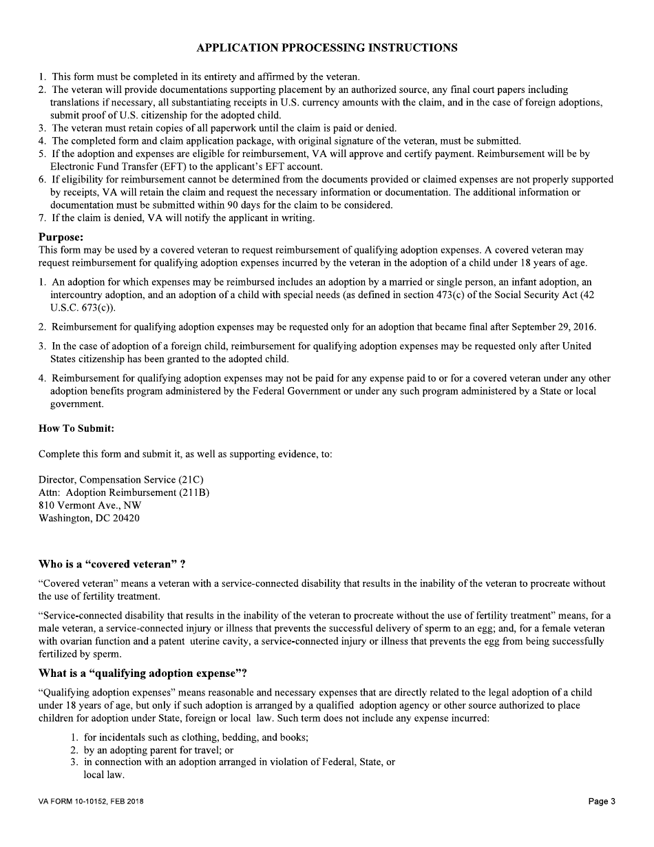 VA Form 10-10152 Reimbursement Request for Qualifying Adoption Expenses, Page 3