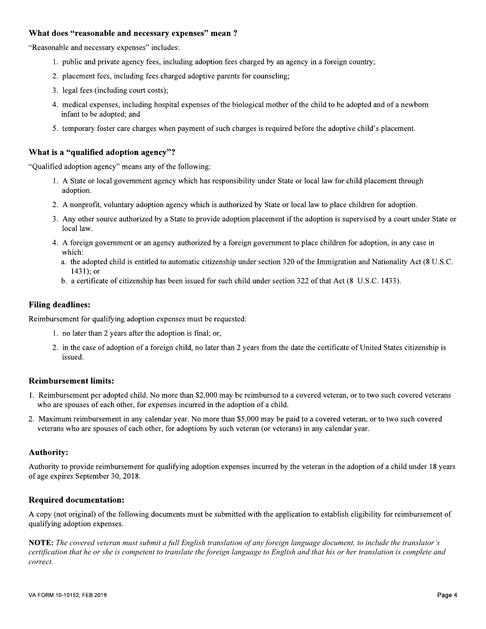 VA Form 10-10152 Reimbursement Request for Qualifying Adoption Expenses, Page 4