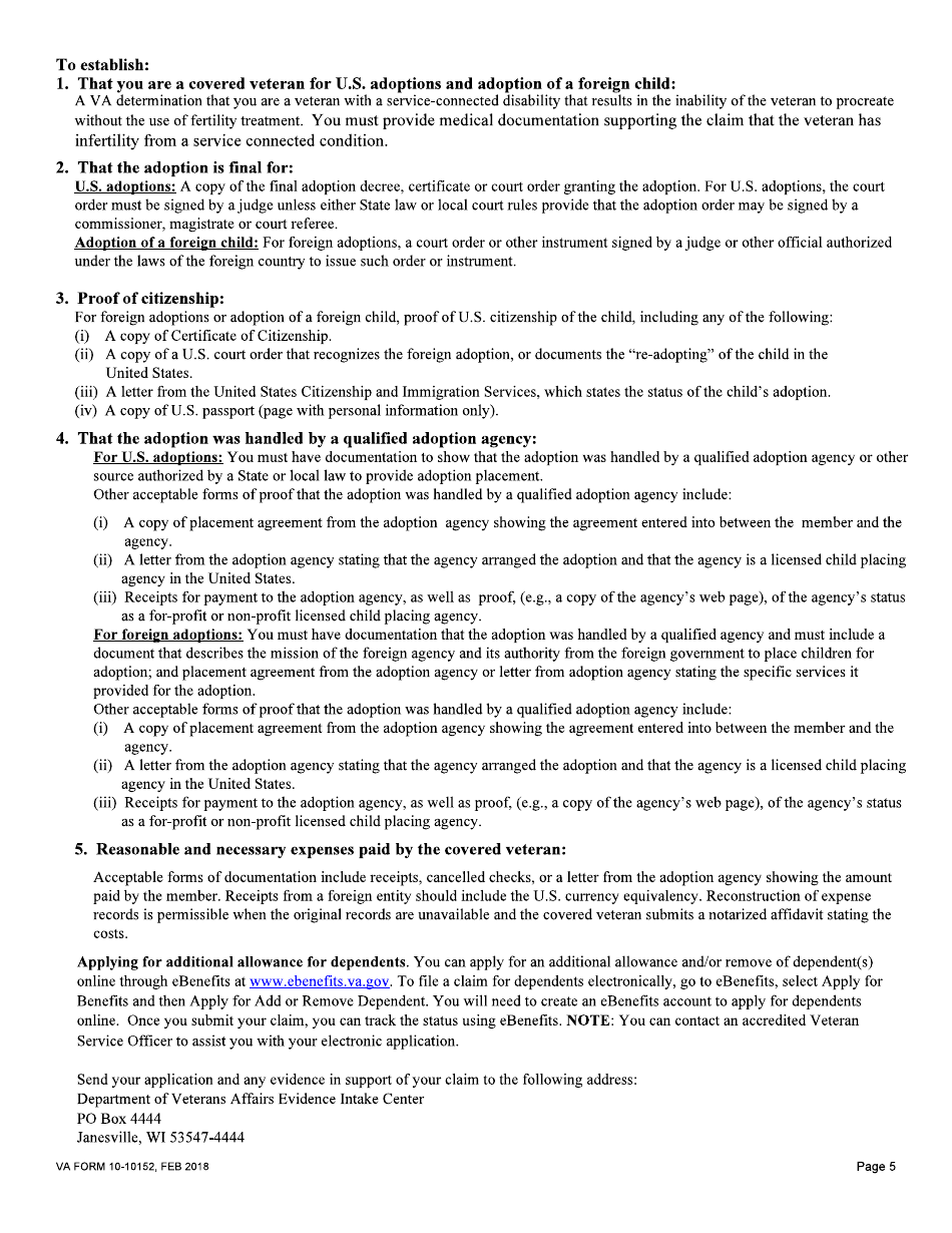 VA Form 10-10152 Reimbursement Request for Qualifying Adoption Expenses, Page 5