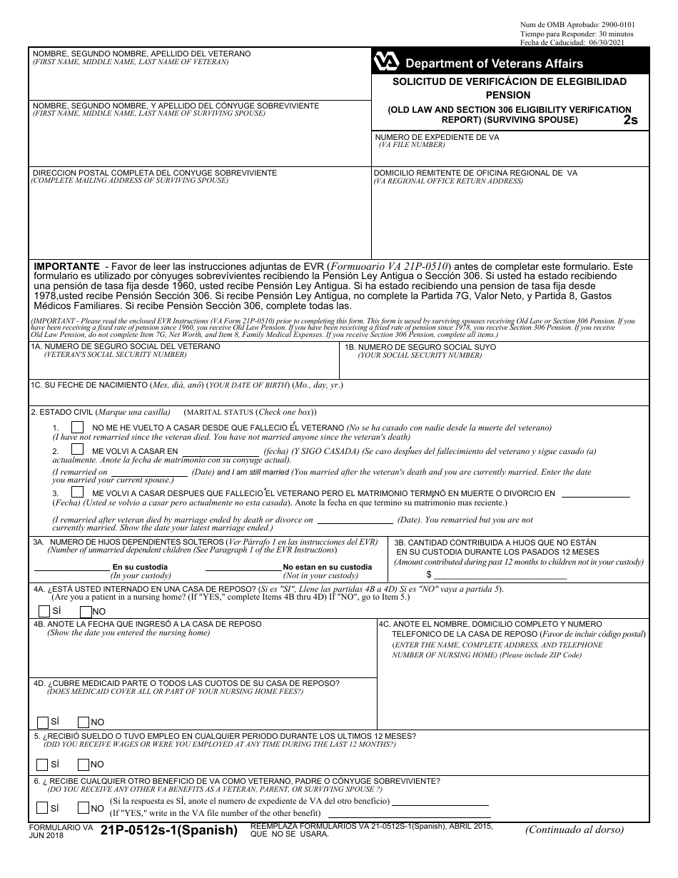 VA Form 21P-0512S-1 Old Law and Section 306 Eligibility Verification Report (Surviving Spouse) (English / Spanish), Page 1