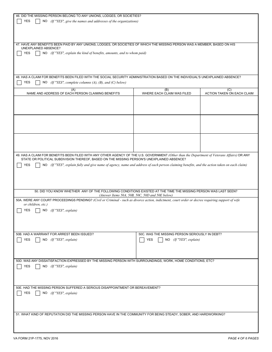 VA Form 21P-1775 Statement of Disappearance, Page 4