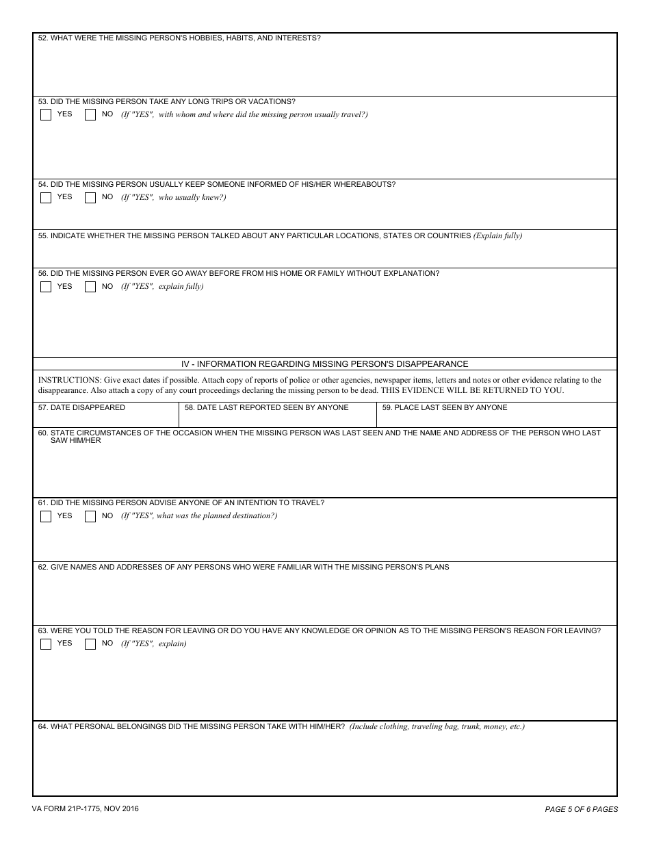 VA Form 21P-1775 Statement of Disappearance, Page 5