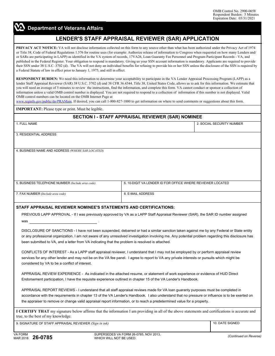 VA Form 26-0785 Lenders Staff Appraisal Reviewer (Sar) Application, Page 1