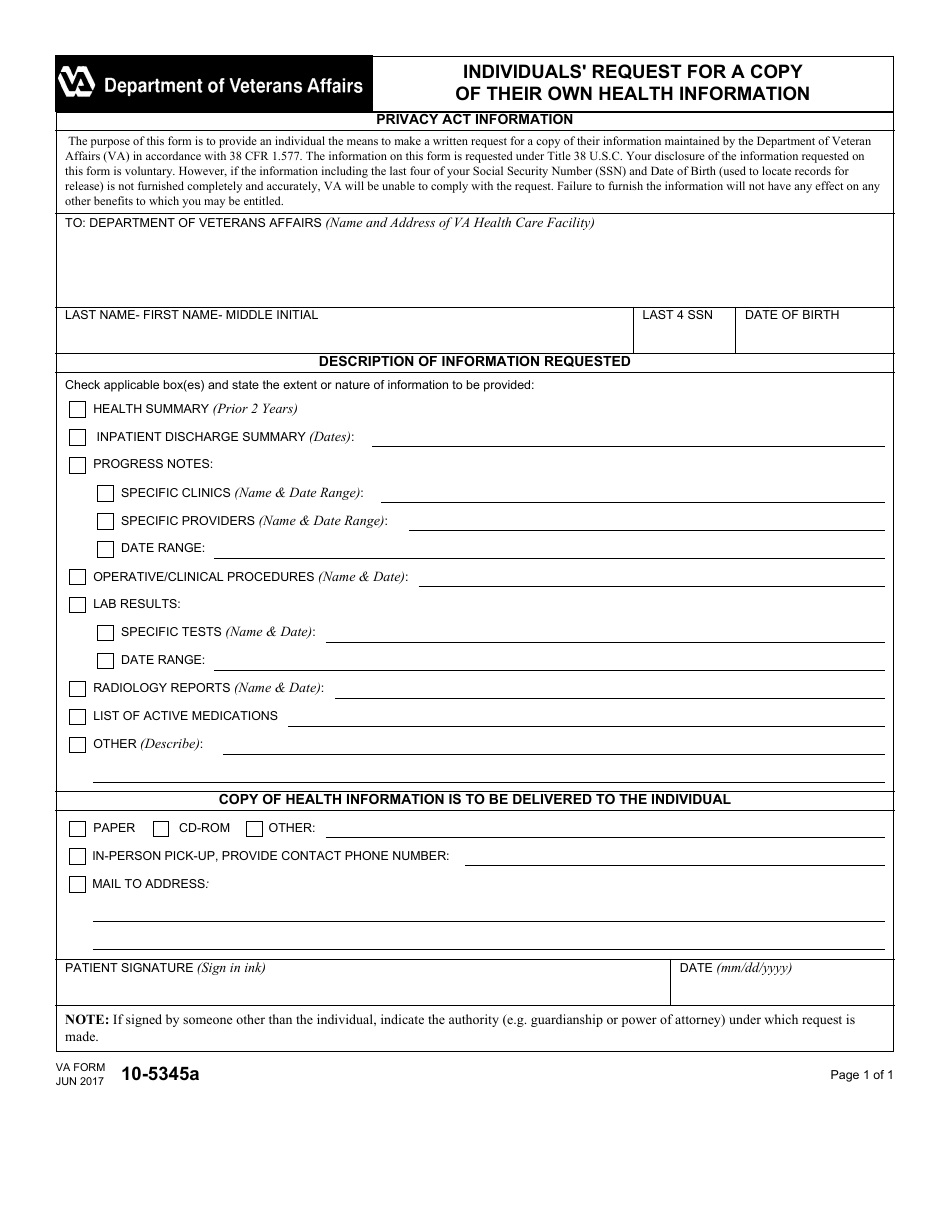 VA Form 10-5345A Individuals Request for a Copy of Their Own Health Information, Page 1