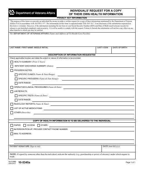 VA Form 10-5345A Individuals' Request for a Copy of Their Own Health Information