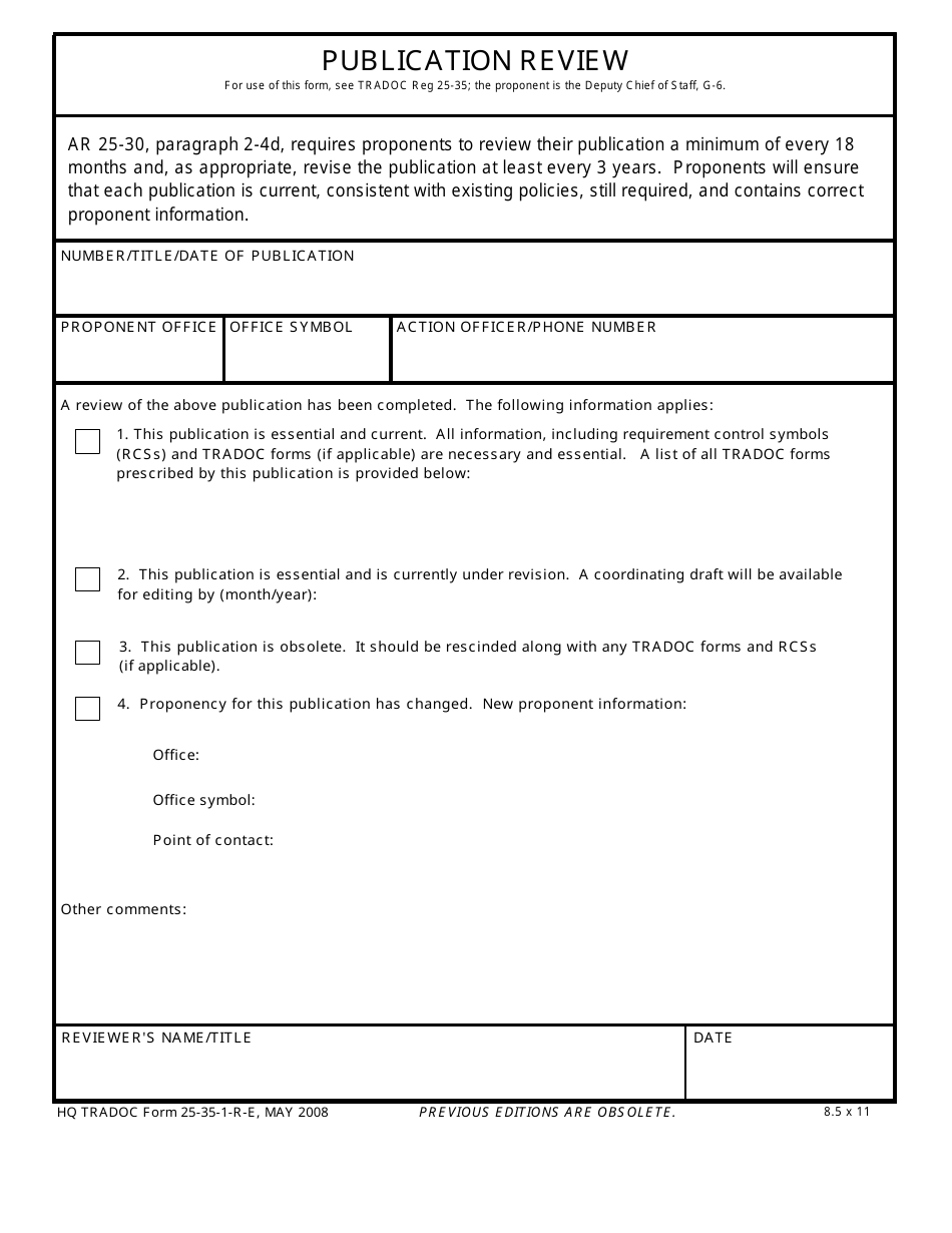 HQ TRADOC Form 25-35-1-R-E Publication Review, Page 1