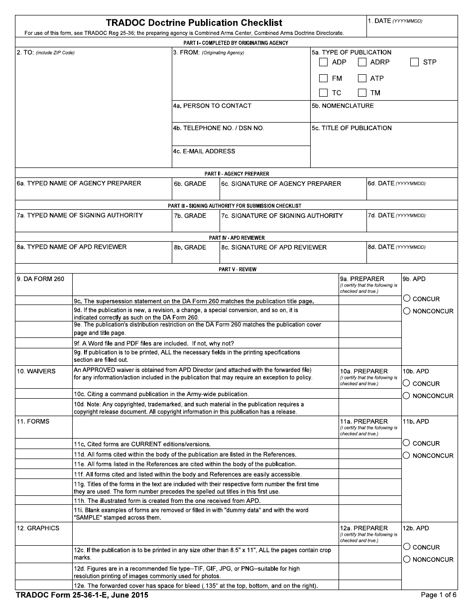 TRADOC Form 25-36-1-E Tradoc Doctrine Publication Checklist, Page 1