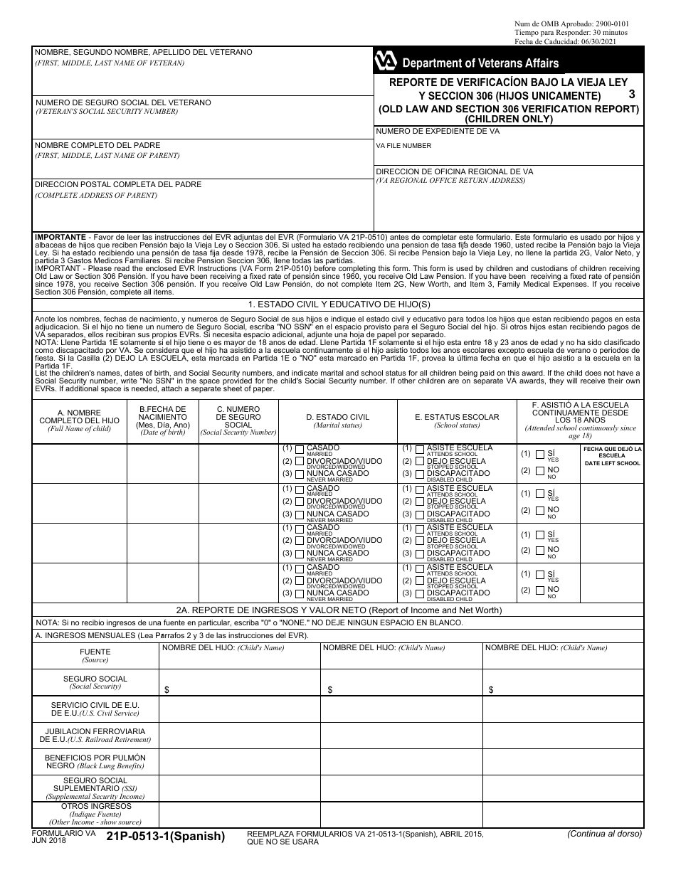 VA Form 21P-0513-1 Old Law and Section 306 Eligibility Verification Report (Children Only) (English / Spanish), Page 1