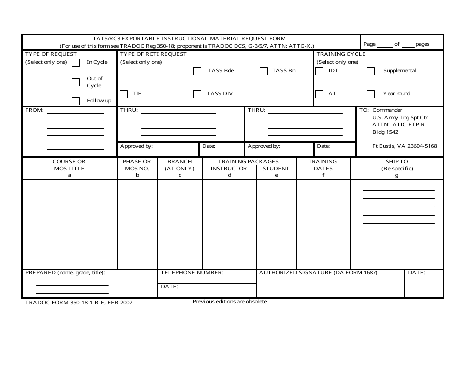 TRADOC Form 350-18-1-R-E Tats / Rc3 Exportable Instructional Material Request Form, Page 1