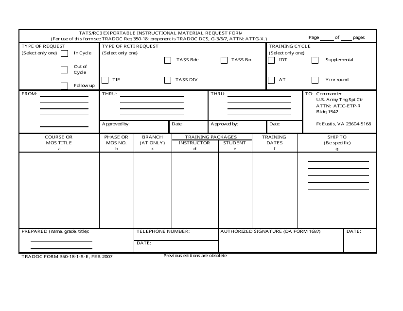 TRADOC Form 350-18-1-R-E Tats/Rc3 Exportable Instructional Material Request Form