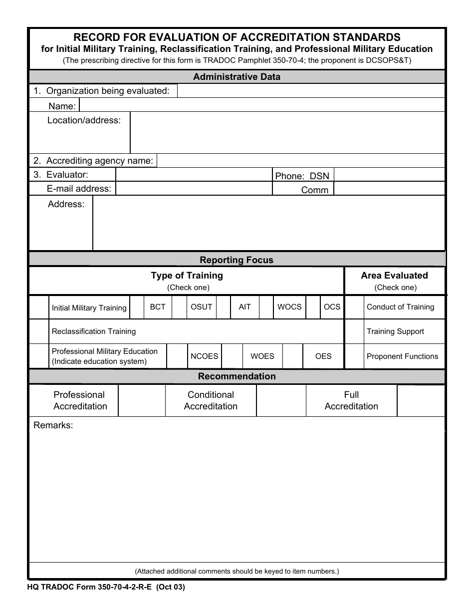HQ TRADOC Form 350-70-4-2-R-E Record for Evaluation of Accreditation Standards, Page 1