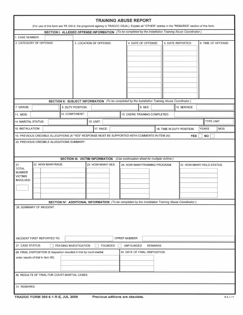 TRADOC Form 350-6-1-R-E Training Abuse Report, Page 1
