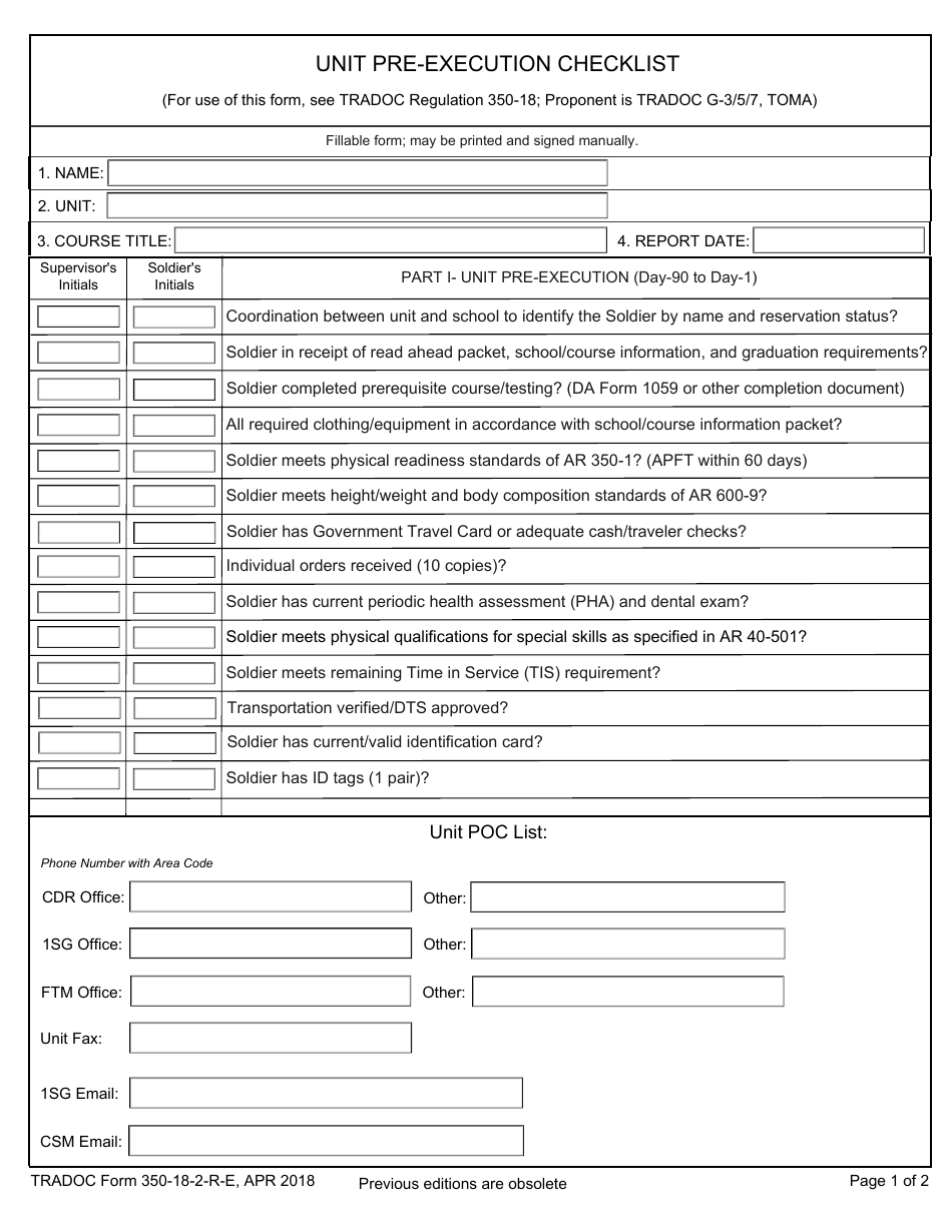 TRADOC Form 350-18-2-R-E Unit Pre-execution Checklist, Page 1