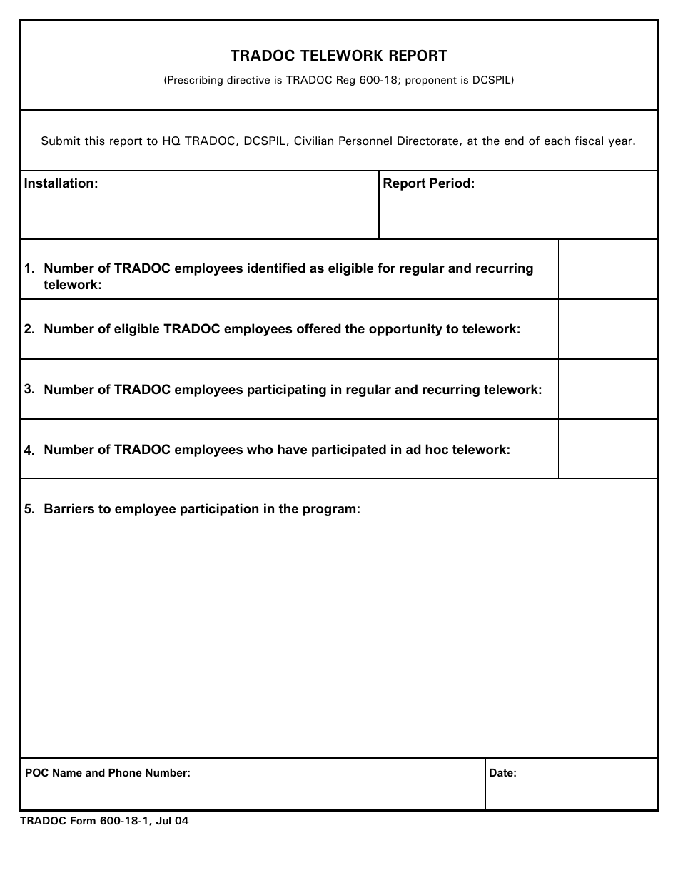 TRADOC Form 600-18-1 Tradoc Telework Report, Page 1