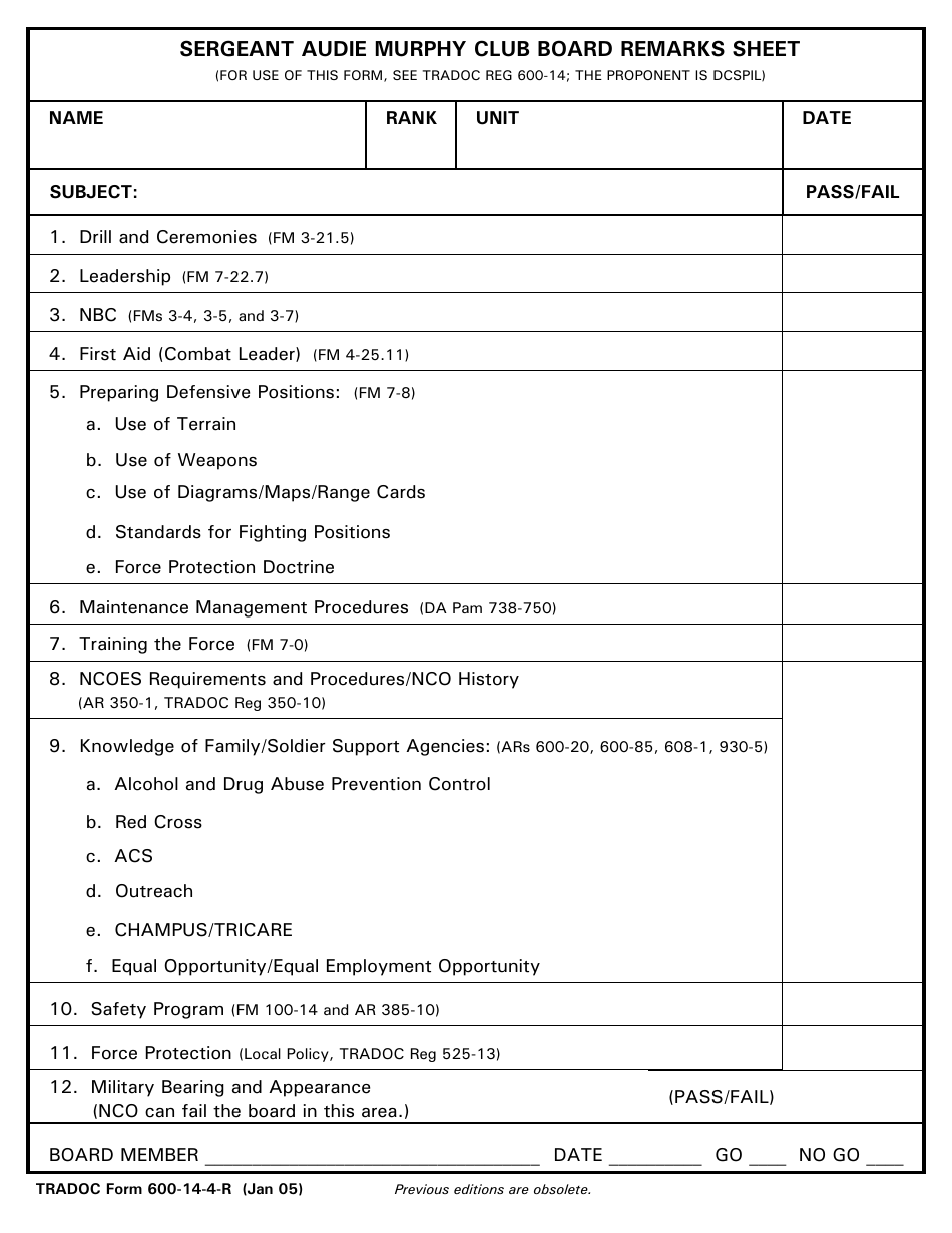 TRADOC Form 600-14-4-R Sergeant Audie Murphy Club Board Remarks Sheet, Page 1