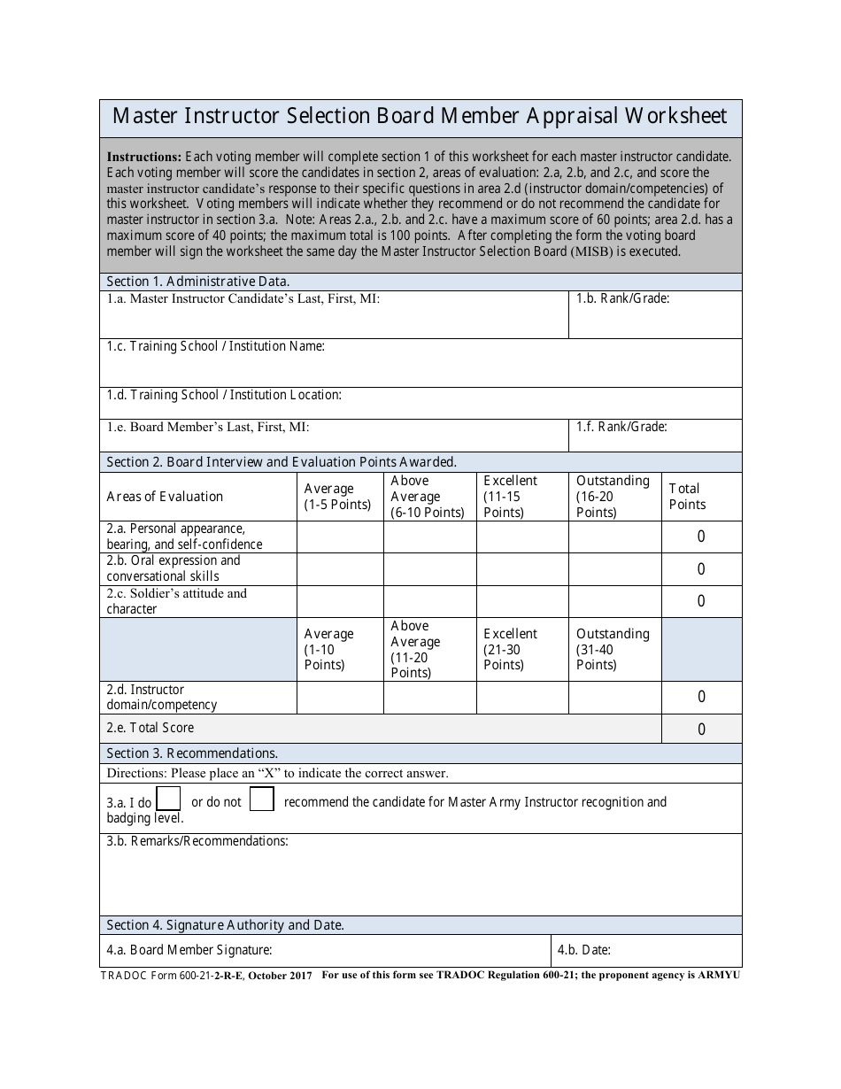 TRADOC Form 600-21-2-R-E Master Instructor Selection Board Member Appraisal Worksheet, Page 1